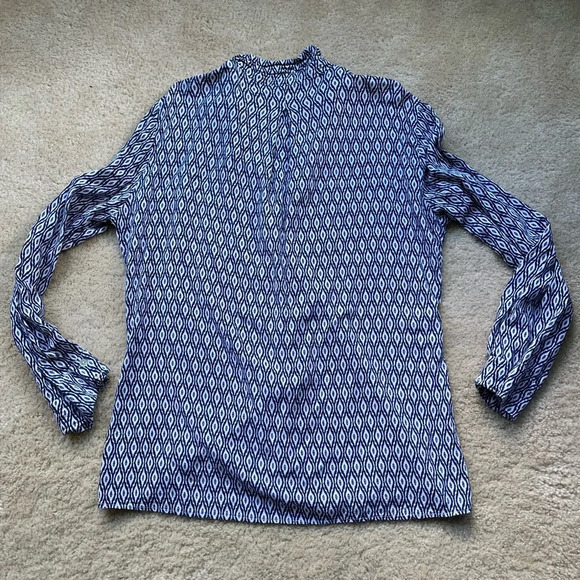 Just Living Women's White & Navy Button Up Shirt - L - VGUC - Rayon Linen Blend - Picture 6 of 8